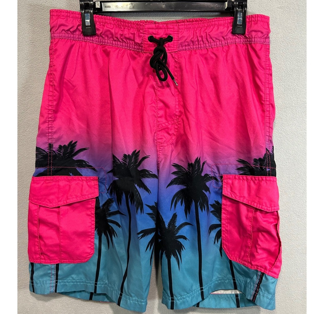 Coastal Swell Cargo Swim Trunks Men Medium Pink Blue Ombre Palm Tree Tropical